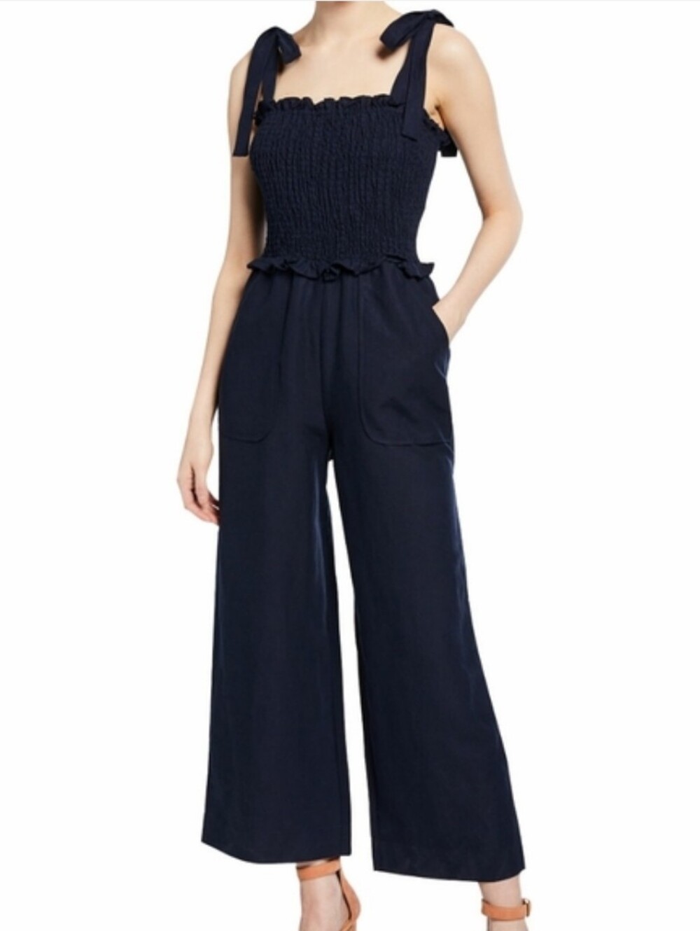Rebecca Taylor Navy Smocked Linen Blend Jumpsuit Size 6